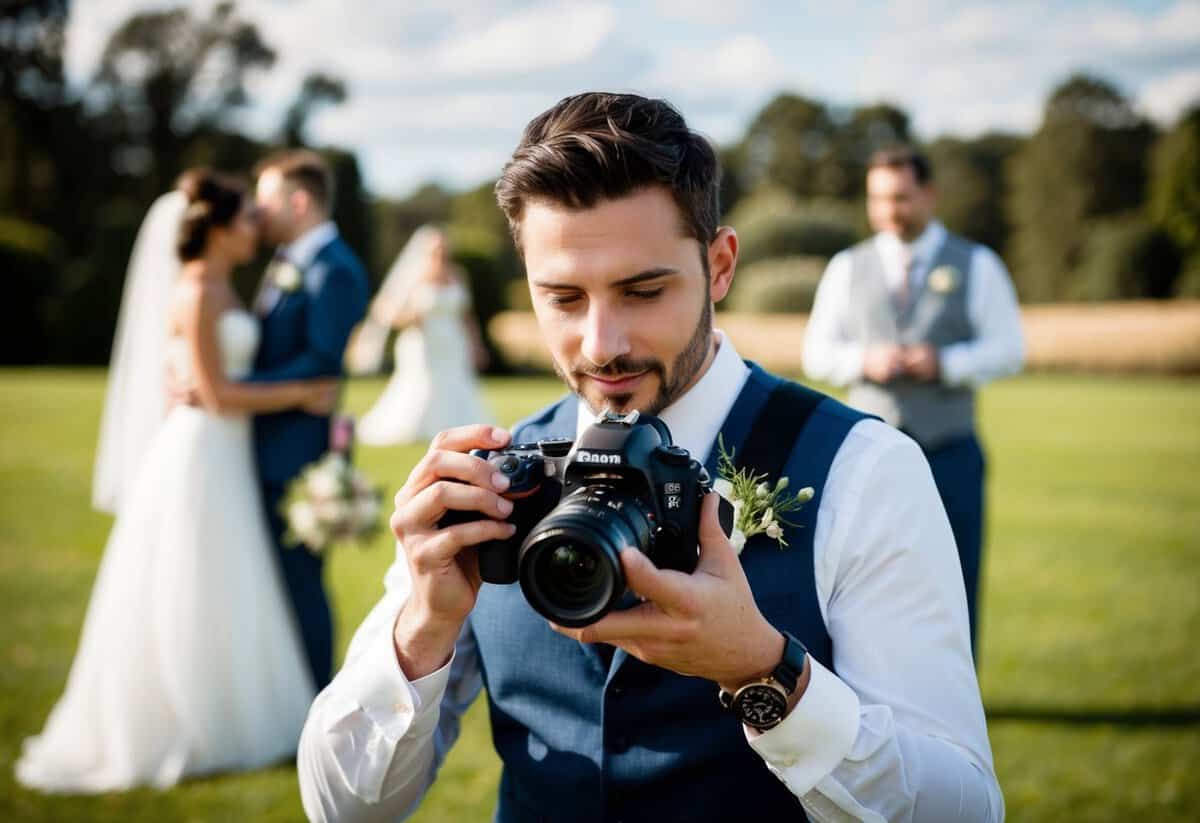 A wedding photographer adjusting camera settings with a bride and groom in the background