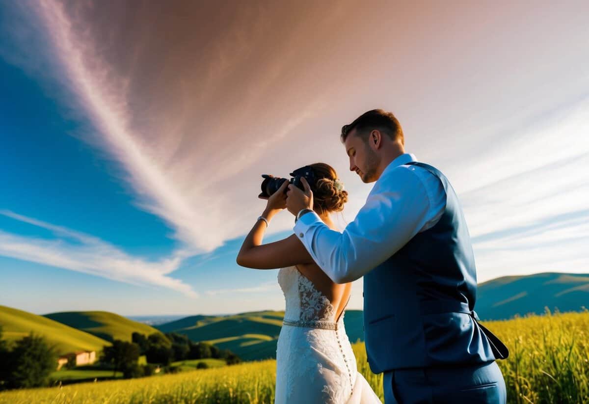 A wedding photographer adjusts camera settings before capturing a stunning outdoor ceremony with a picturesque backdrop of rolling hills and a clear blue sky