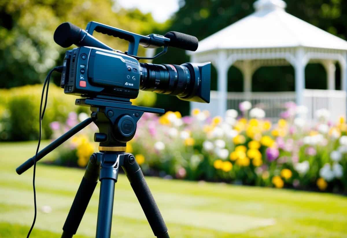 A wedding video camera on a tripod in a garden setting with flowers and a gazebo in the background