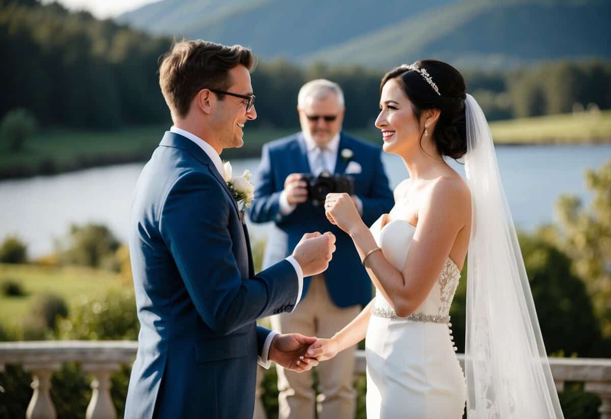 A bride and groom exchanging vows in a scenic outdoor setting, with a professional videographer capturing the emotional moments