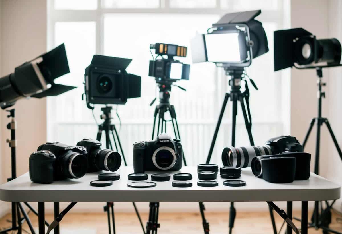 A table with a variety of wedding videography equipment, including cameras, tripods, and lighting, set up in a studio space
