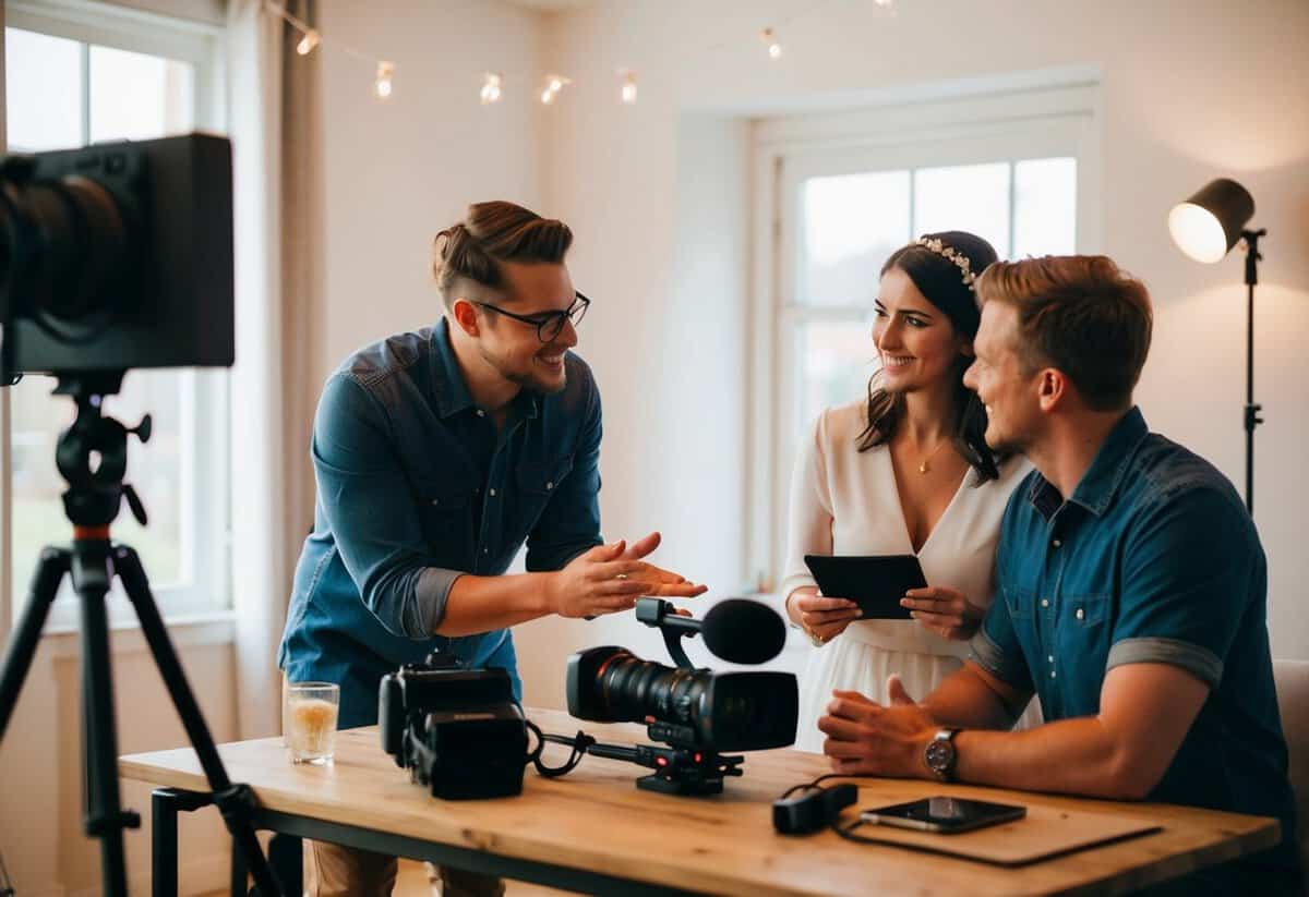A videographer and a couple discussing wedding video plans in a cozy, well-lit studio with a camera and equipment on a table