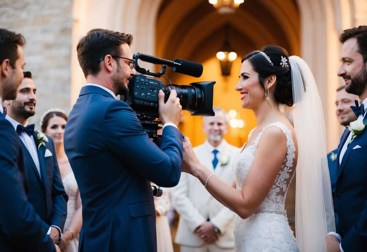 A cinematographer adjusts the camera angle to capture the bride and groom exchanging vows during a wedding ceremony