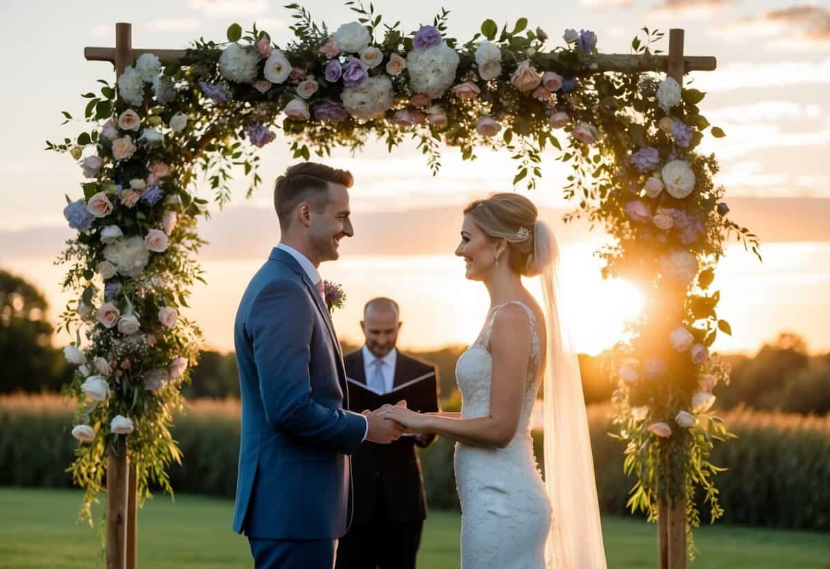 A bride and groom stand beneath a floral arch, exchanging vows as the sun sets behind them, casting a warm glow over the scene