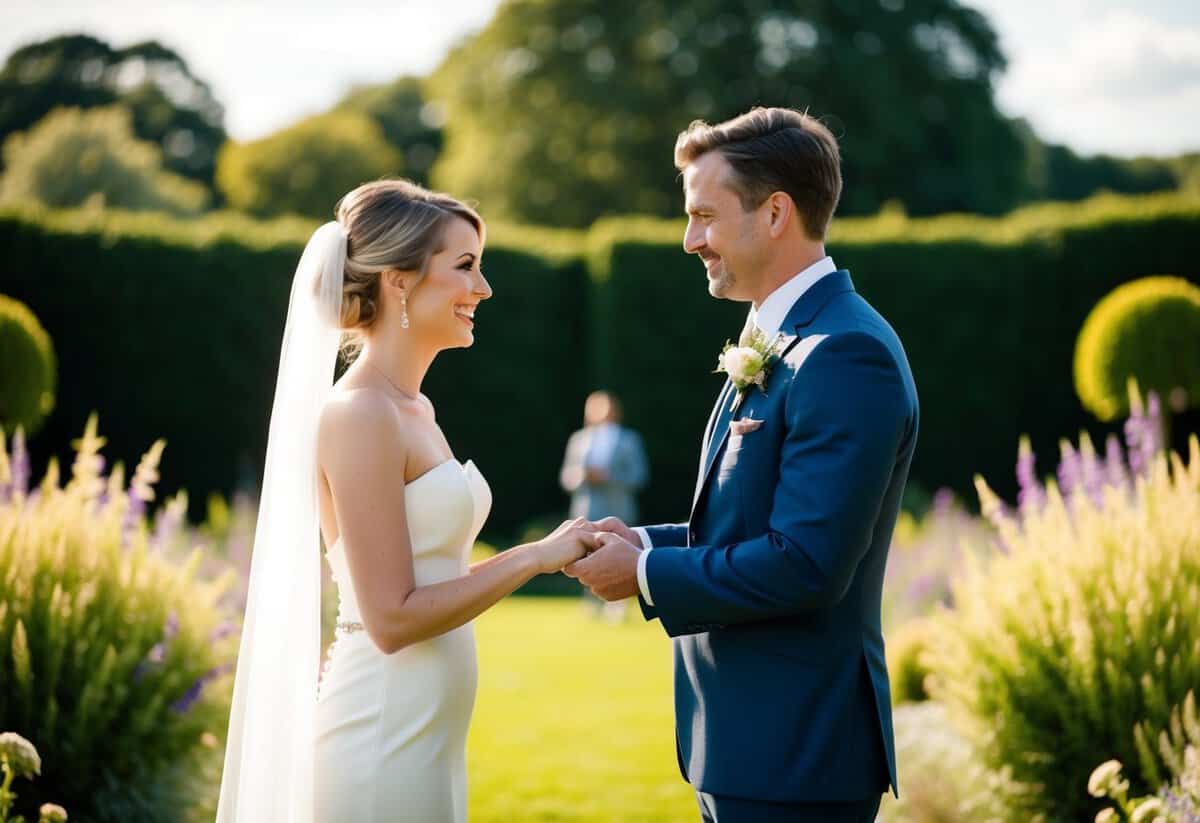 A cinematographer captures the bride and groom exchanging vows in a sun-drenched garden, with soft focus and warm, golden tones