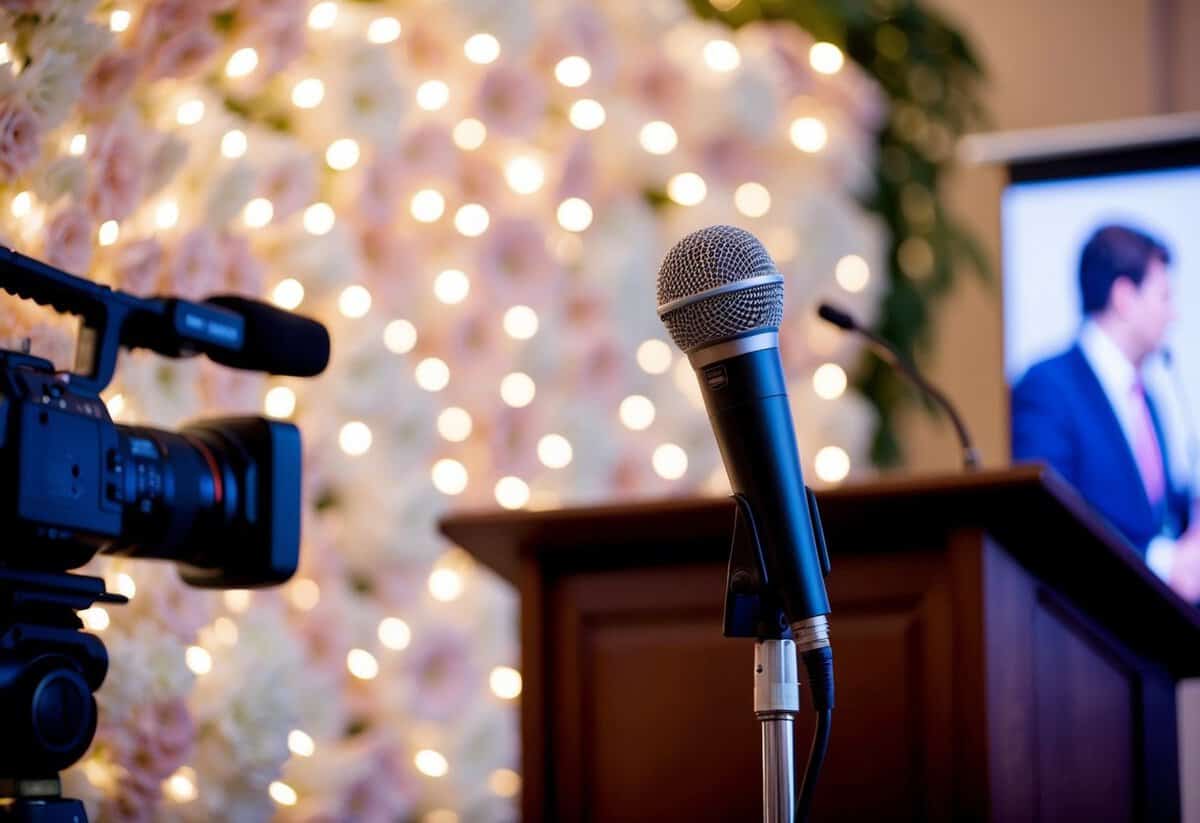 A microphone stands on a podium in front of a backdrop of flowers and twinkling lights. A camera is positioned to capture the speaker's perspective