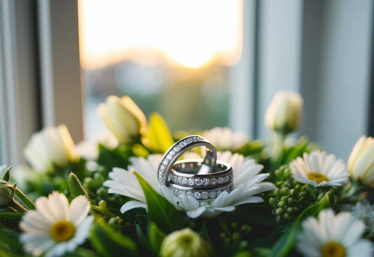 A pair of elegant wedding rings resting on a bed of fresh flowers, softly illuminated by natural light streaming through a nearby window