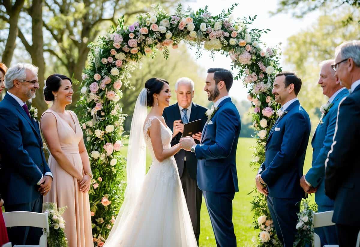 A cinematographer captures the bride and groom exchanging vows under a floral arch, surrounded by family and friends, with soft natural light filtering through the trees
