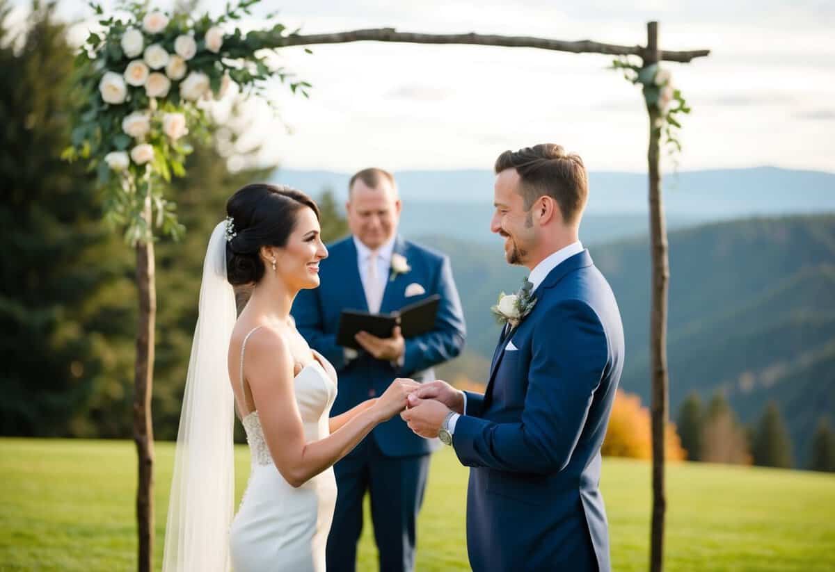 A wedding videographer capturing a bride and groom exchanging vows in a scenic outdoor ceremony