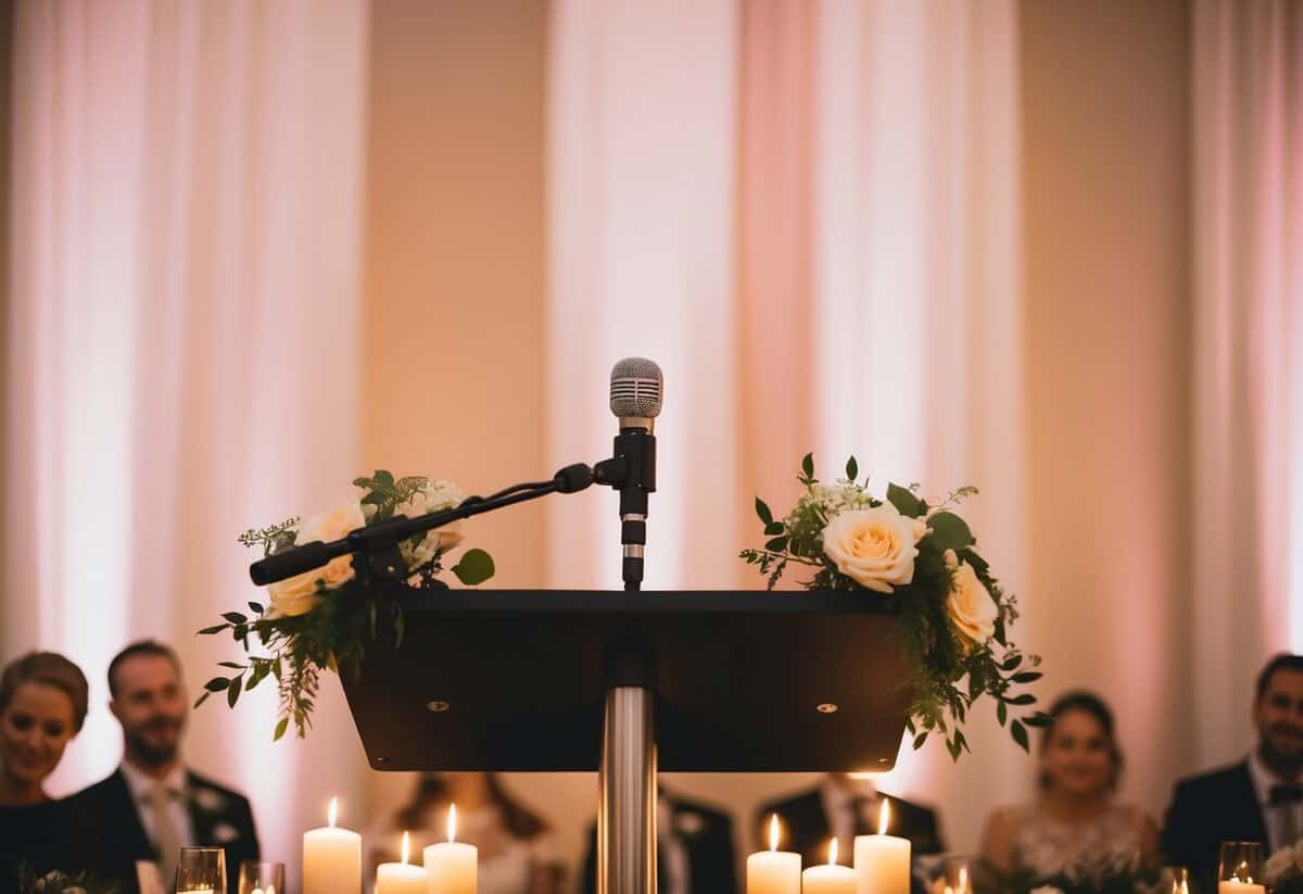 A microphone stands on a podium, surrounded by flowers and candles. The soft glow of the venue's lighting sets the stage for an intimate wedding speech