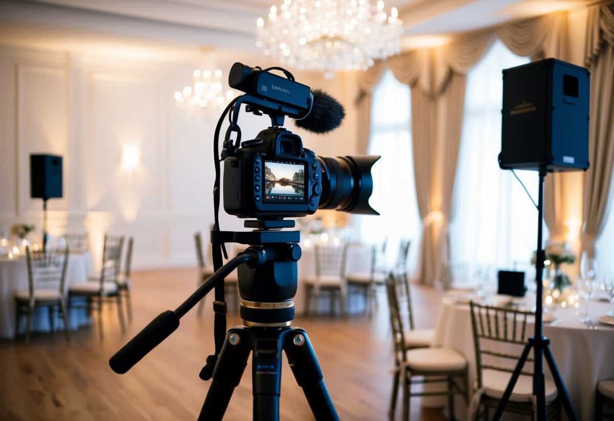A camera on a tripod captures a beautifully decorated wedding venue with soft lighting and elegant details. Lighting equipment and sound recording devices are strategically placed around the room