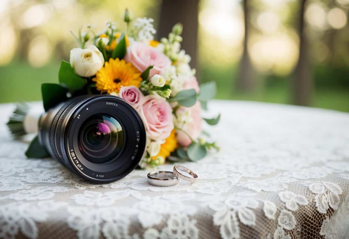 A 50mm lens captures a bouquet of flowers and a pair of wedding rings on a lace-covered table, with soft focus on the background
