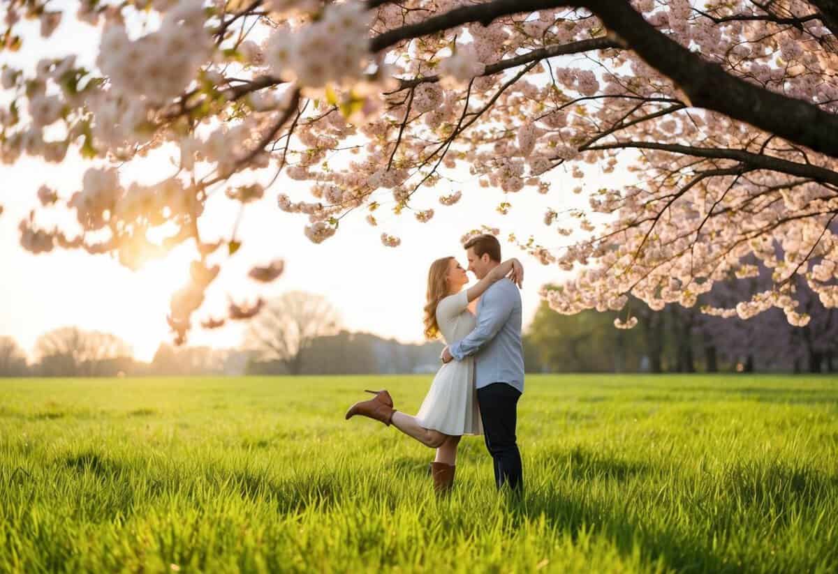 A couple stands in a sun-drenched field, embracing under a blooming cherry blossom tree. The soft light casts a warm glow, creating a romantic atmosphere