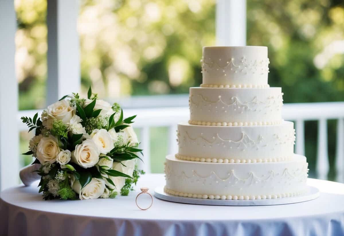 A bride's bouquet, a wedding ring, and a tiered cake on a table