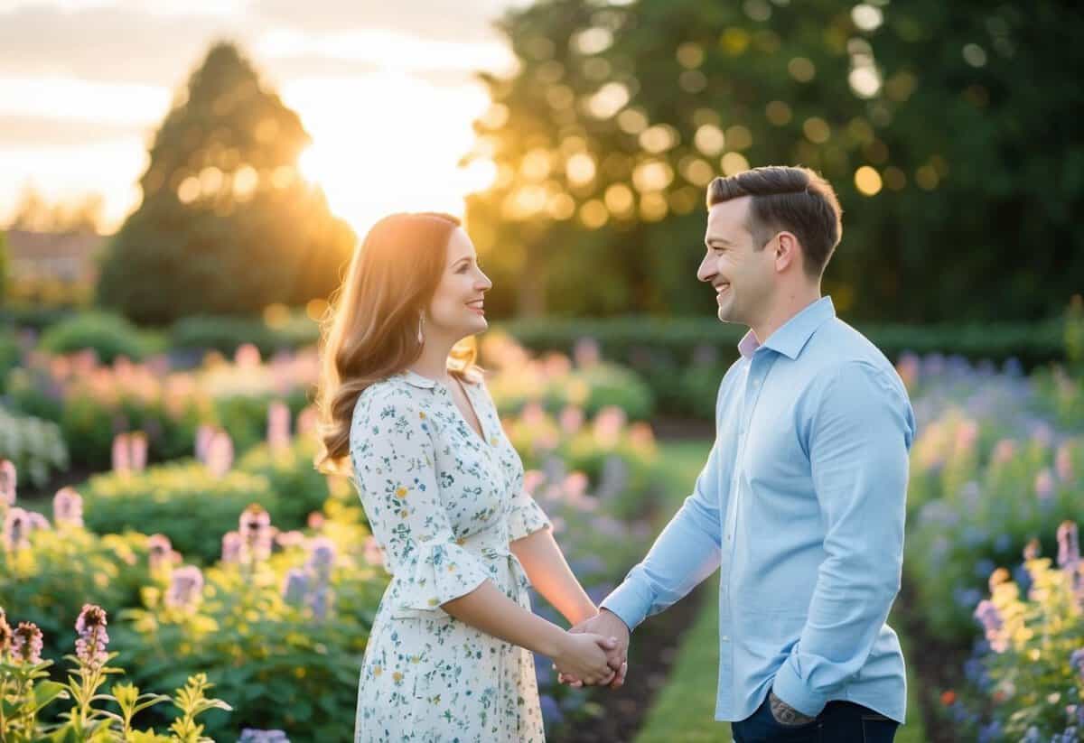A couple stands in a blooming garden, holding hands and smiling at each other. The sun sets behind them, casting a warm glow over the scene