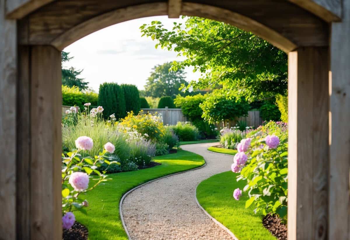 A serene garden with a winding path and blooming flowers, framed by a rustic wooden archway