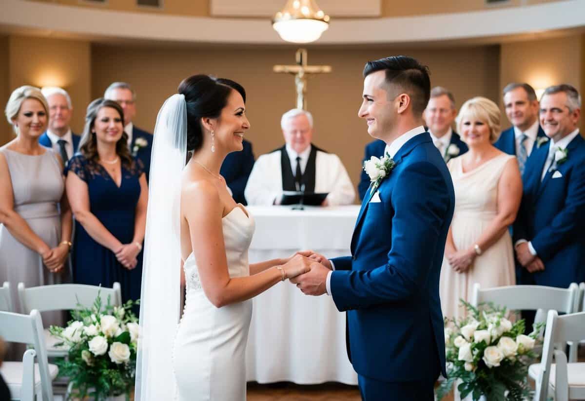 A bride and groom standing at the altar exchanging vows while surrounded by family and friends