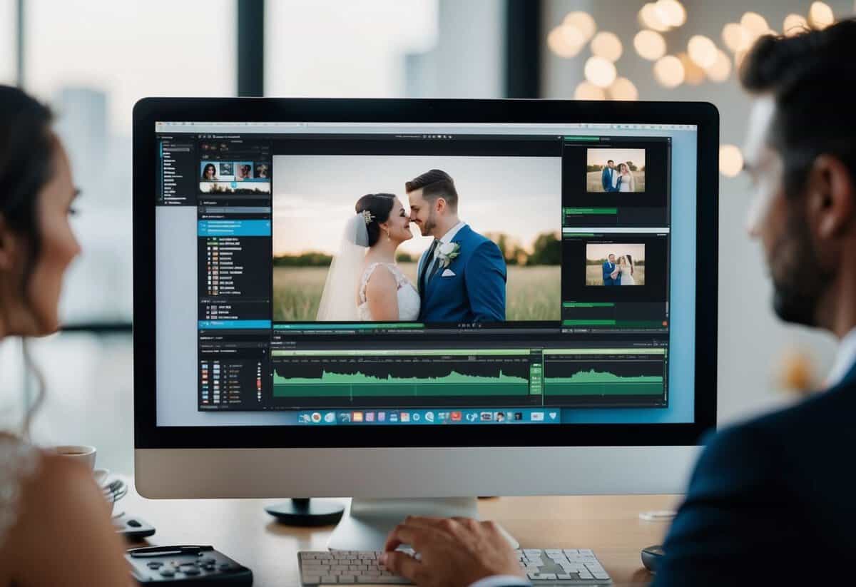 A couple's wedding video being edited on a computer screen, with various editing software and tools visible on the screen