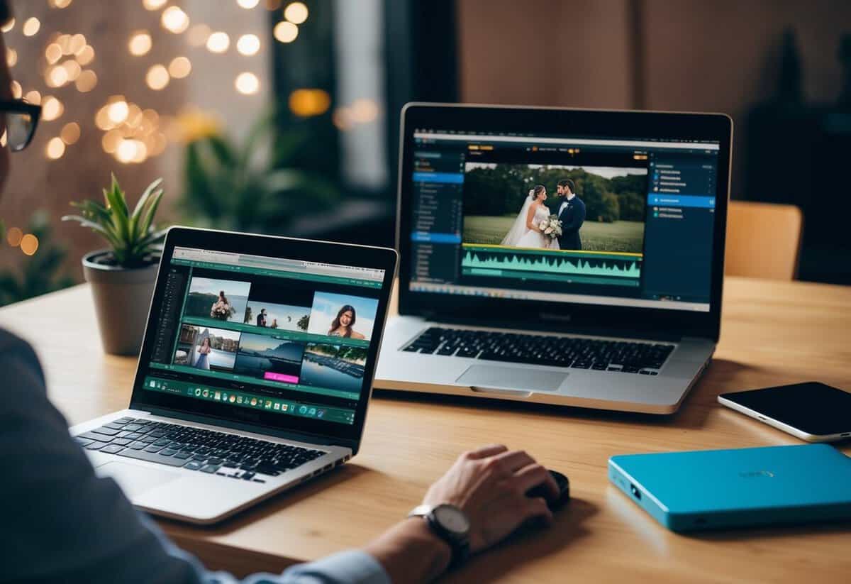 A table with a laptop, external hard drive, and editing software open. A wedding video playing on the screen as the editor works