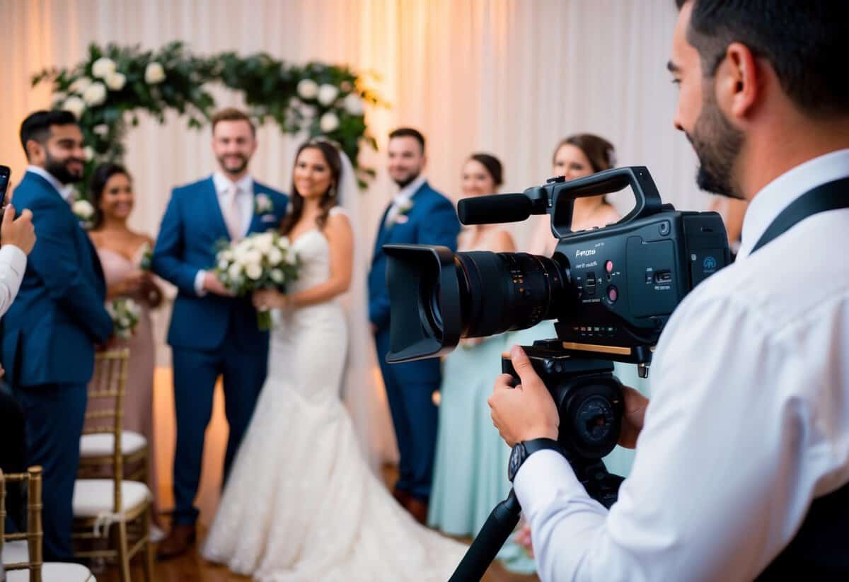A wedding videographer holds a professional camera, capturing the ceremony and reception with precision and focus