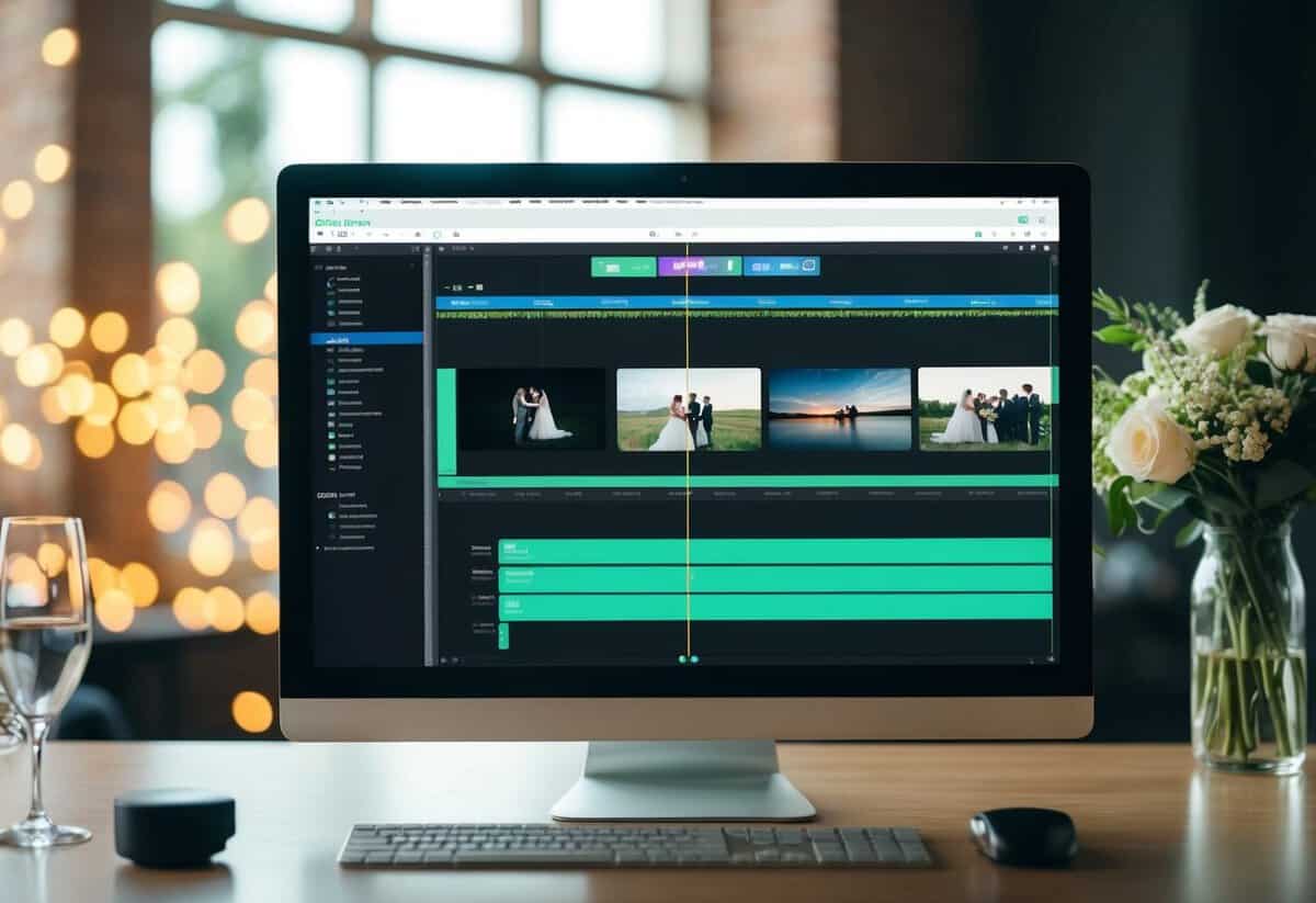 A computer screen displaying a wedding video editing software with various editing tools and a timeline of clips