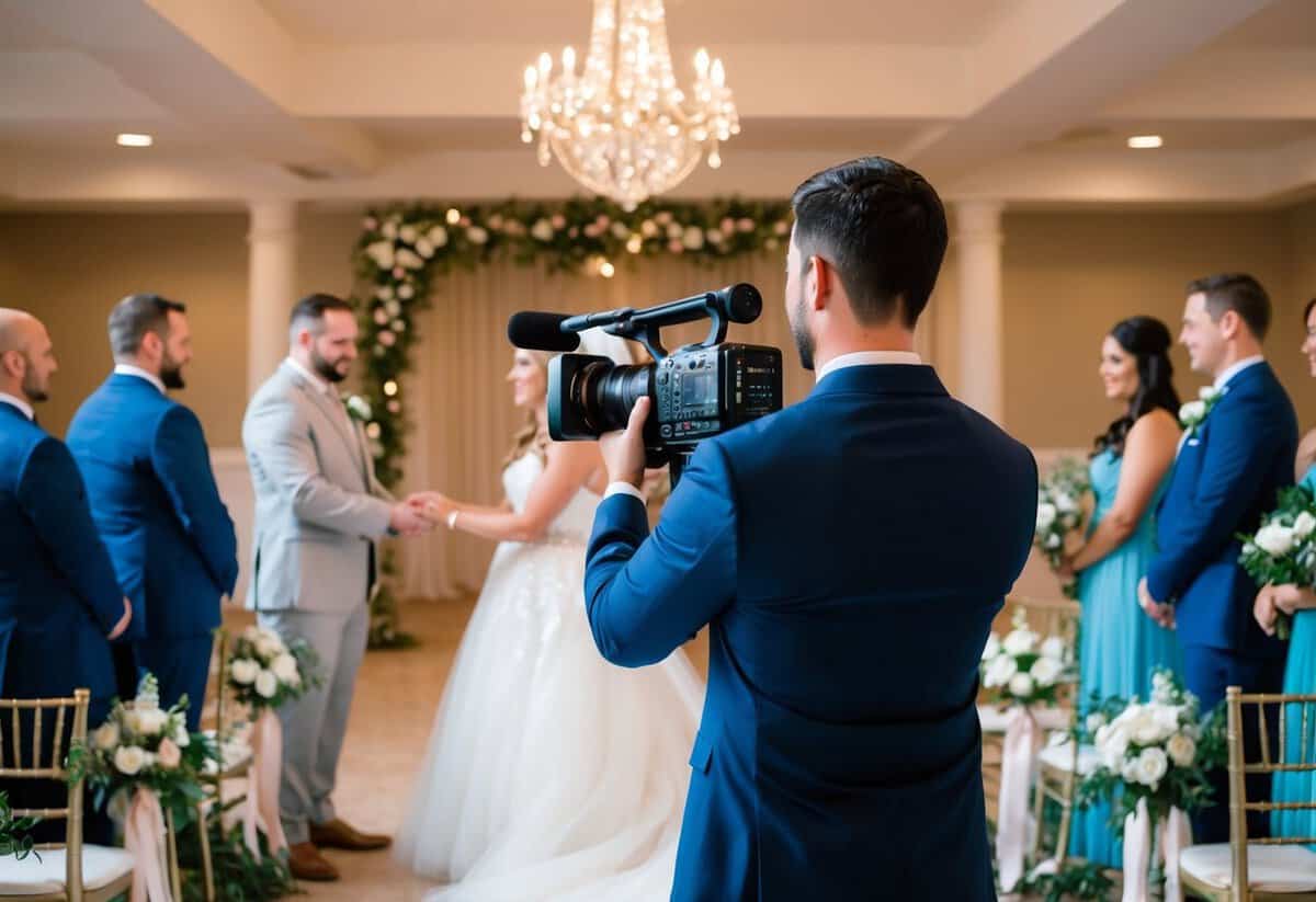 A wedding videographer holds a professional camera, capturing a couple exchanging vows in a beautifully decorated ceremony space