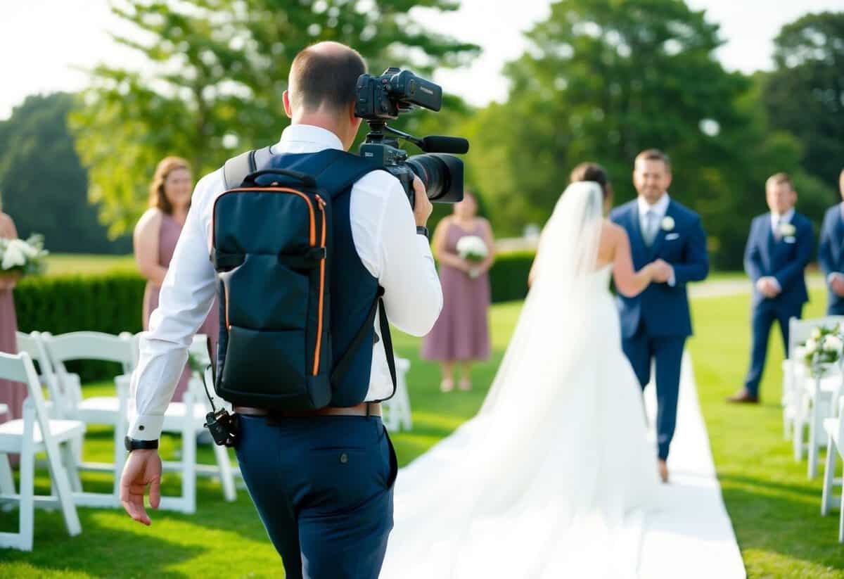 A videographer holding a camera while walking and capturing smooth, stable footage of a wedding ceremony