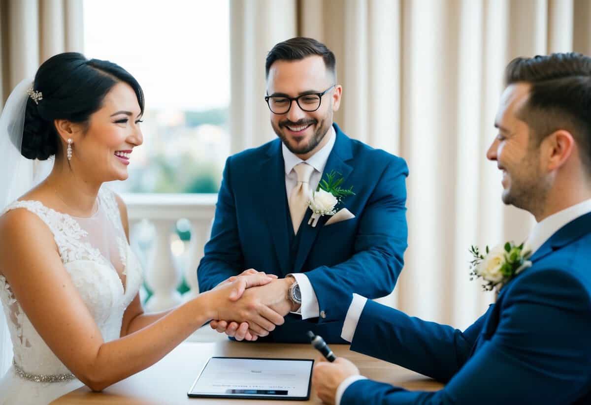 A wedding videographer signing a contract with a couple, exchanging handshakes and smiles