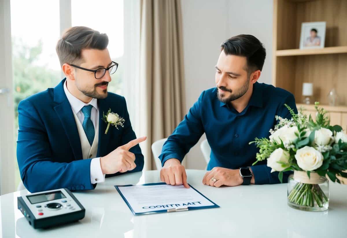 A wedding videographer discussing terms with a couple, pointing to a contract on a table