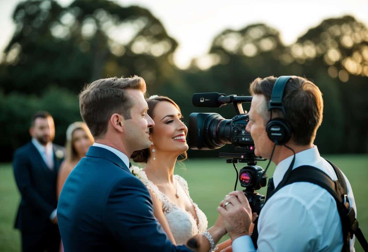 A wedding videographer capturing intimate moments and emotions, using professional equipment and creative angles