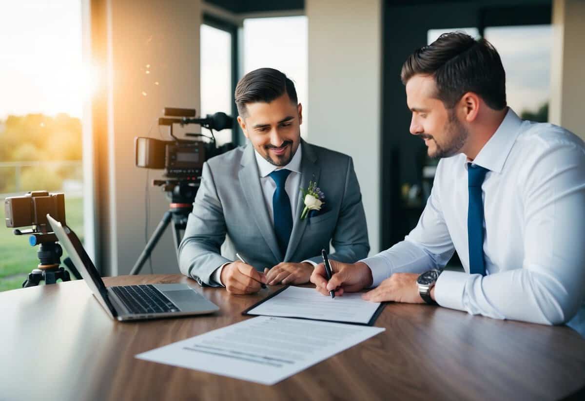 A wedding videographer and a couple sit at a table, discussing and signing a contract. The videographer's equipment is visible in the background