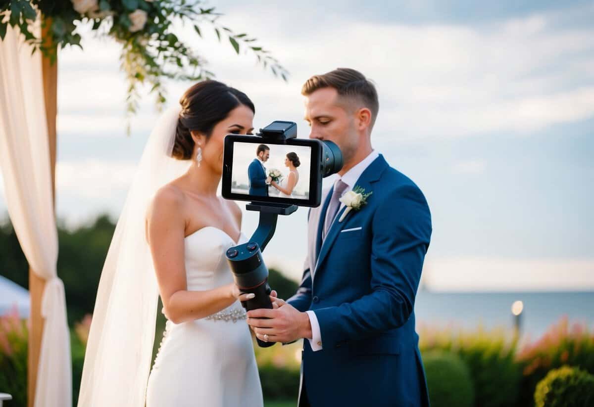 A camera mounted on a gimbal smoothly captures the bride and groom exchanging vows at an elegant outdoor wedding ceremony