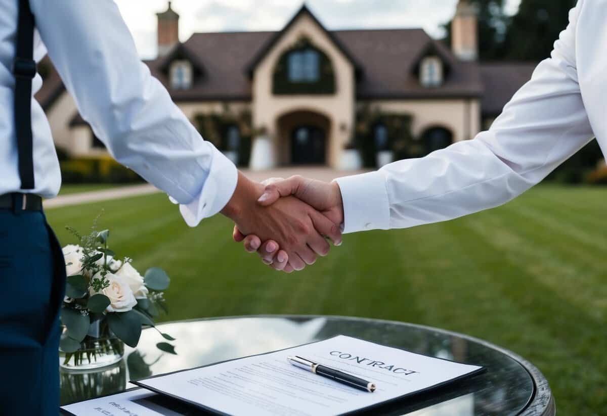 A wedding videographer and a couple shaking hands in front of a picturesque venue, with a contract and pen on a table
