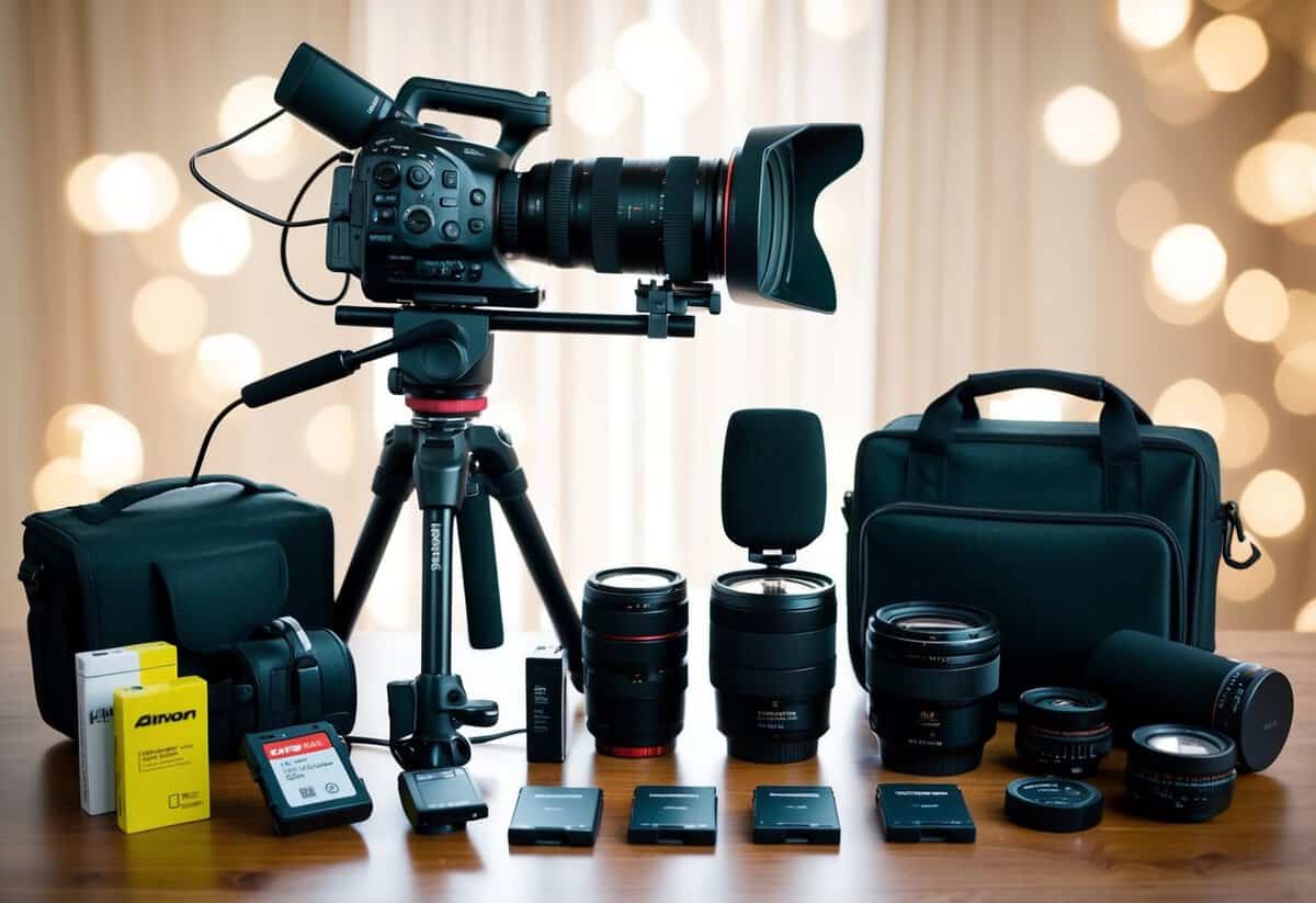 A wedding videographer's toolkit: camera, tripod, stabilizer, microphone, lenses, batteries, memory cards, and lighting equipment