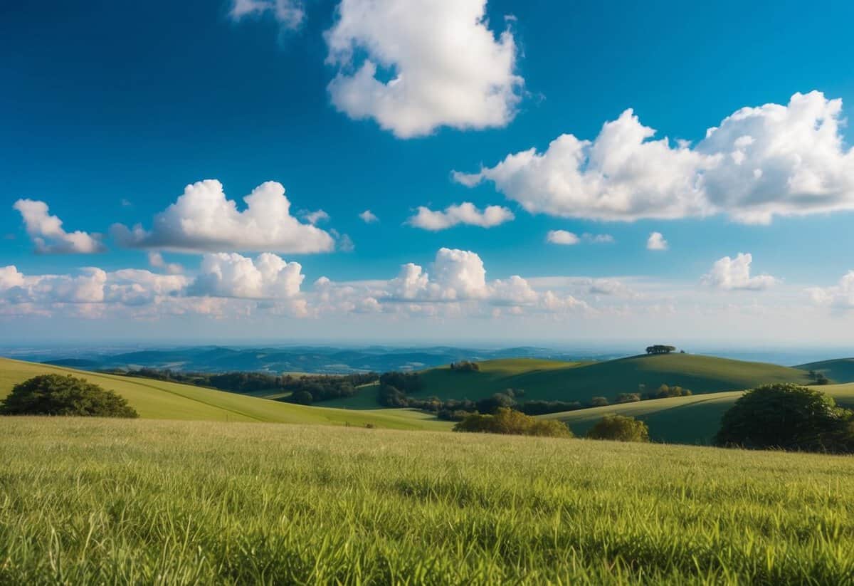 A serene outdoor setting with a panoramic view of rolling hills and a clear blue sky, dotted with fluffy white clouds
