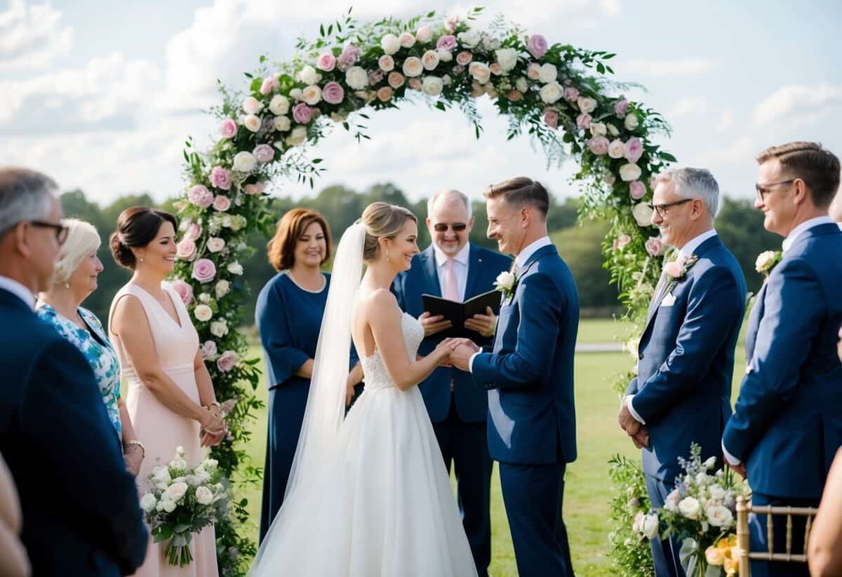 A bride and groom standing under a floral arch, surrounded by family and friends, exchanging vows and rings