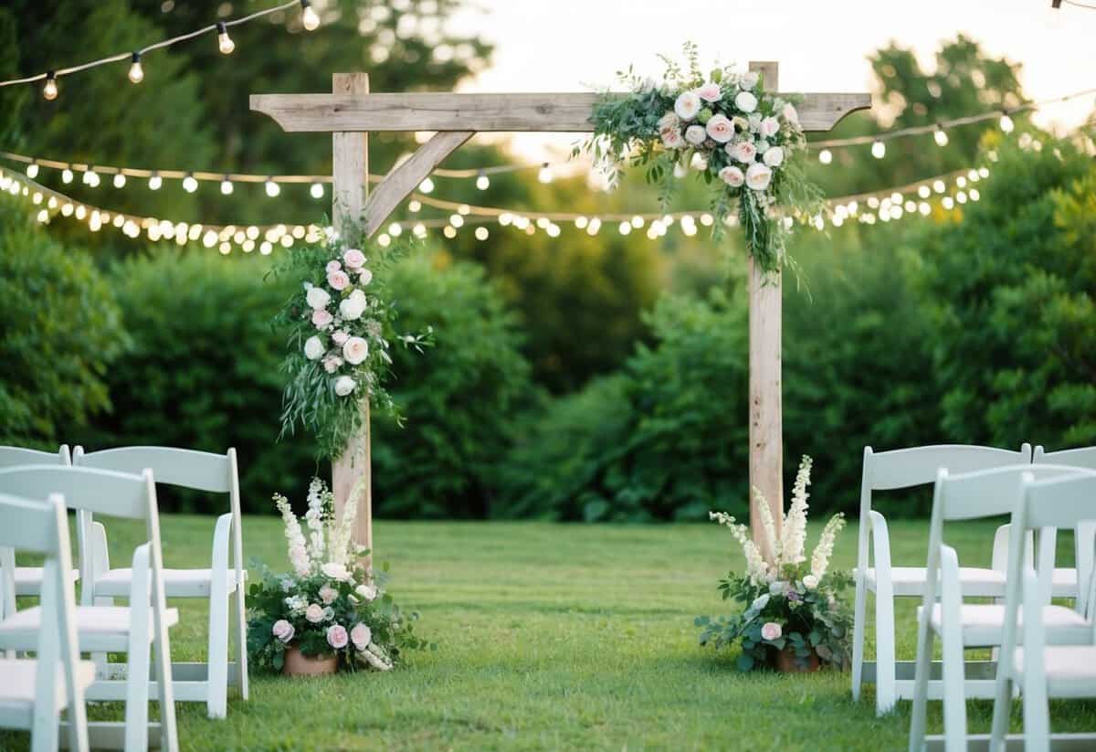 A serene outdoor setting with a rustic wooden arch adorned with flowers, surrounded by lush greenery and twinkling string lights