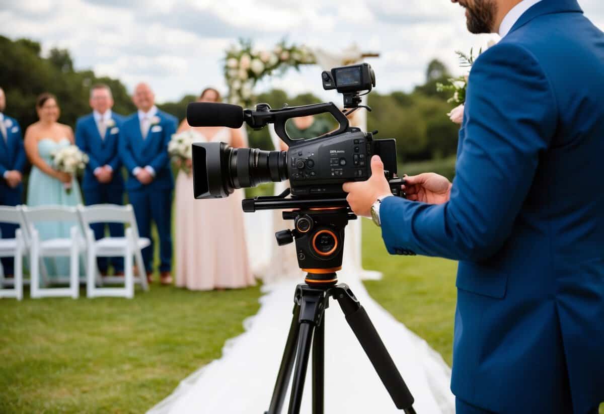 A wedding videographer filming a ceremony with a professional camera on a tripod