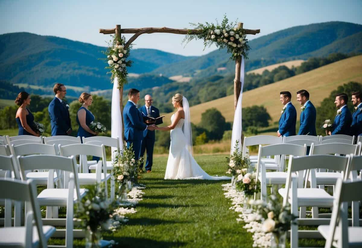 A serene outdoor wedding ceremony with a picturesque backdrop of rolling hills and a clear blue sky