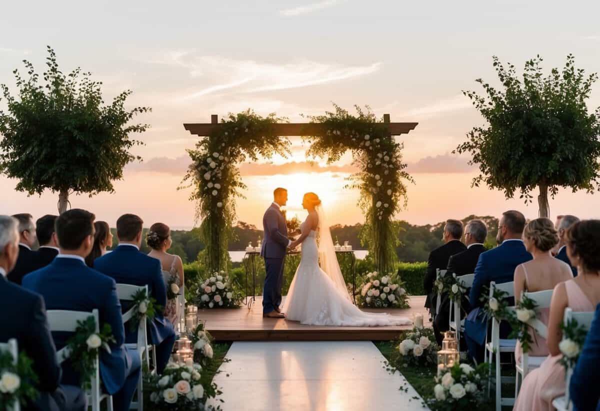 A beautiful sunset over a romantic outdoor wedding ceremony, with lush greenery, elegant decor, and a serene atmosphere