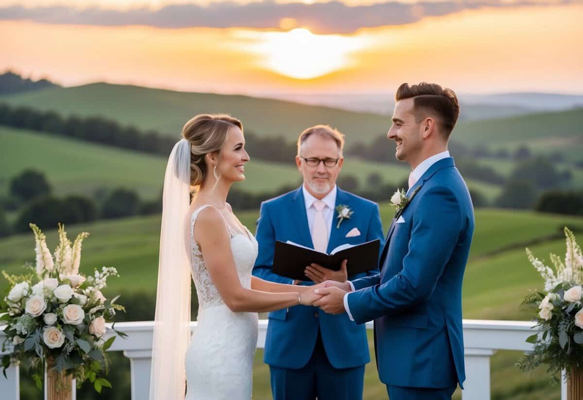 A bride and groom standing at the altar, exchanging vows in front of a picturesque backdrop of rolling hills and a setting sun
