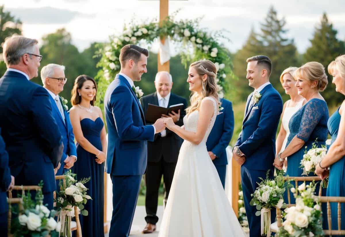 A couple exchanging vows at the altar, surrounded by family and friends, with the wedding videographer capturing the heartfelt moment