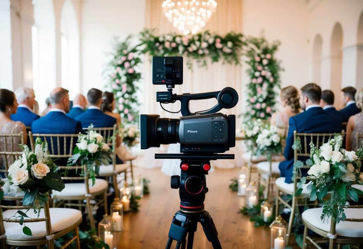 A wedding video camera focused on a beautifully decorated ceremony space with floral arrangements and elegant seating