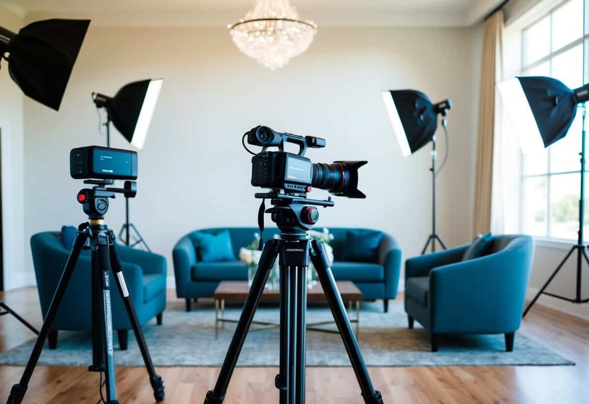A wedding videographer's camera, tripod, and lighting equipment set up in a spacious, well-lit room with a comfortable seating area for clients to review video packages