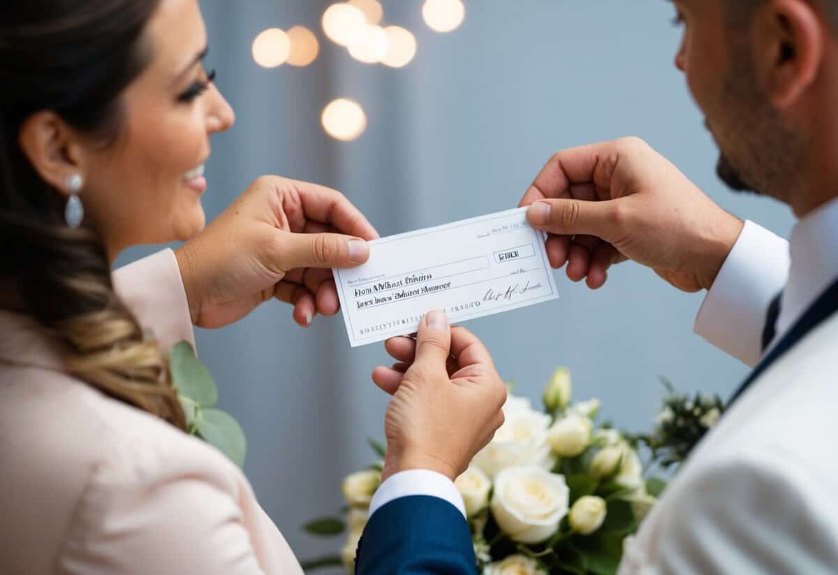A man hands over a check to a wedding planner