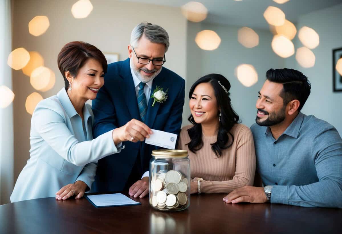 A father and mother placing a check into a wedding fund jar while their son and his fiancée look on with gratitude