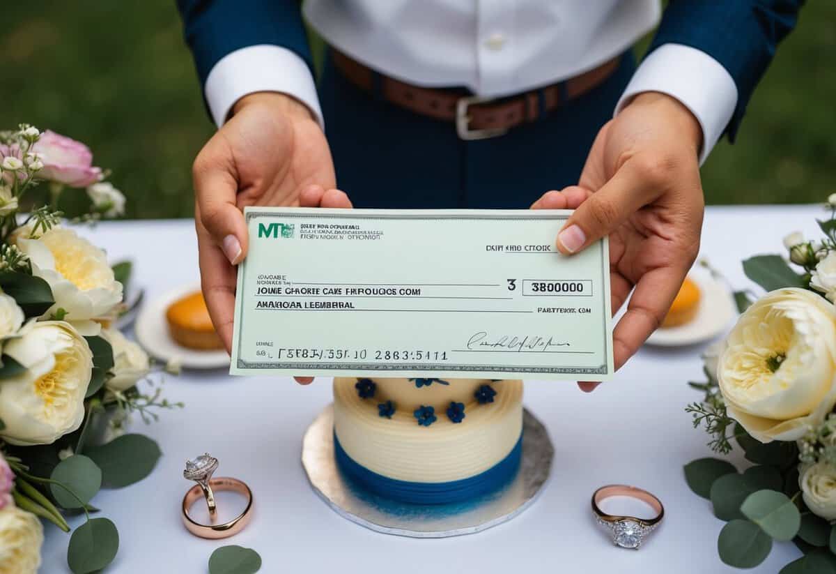 A pair of hands holding a check or envelope filled with money, surrounded by wedding-related items such as rings, flowers, and a cake