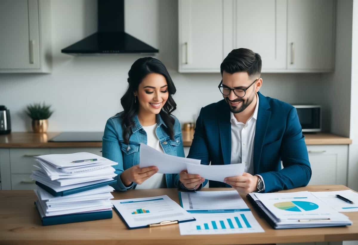 A couple sitting at a kitchen table, looking over a stack of wedding planning documents and financial spreadsheets
