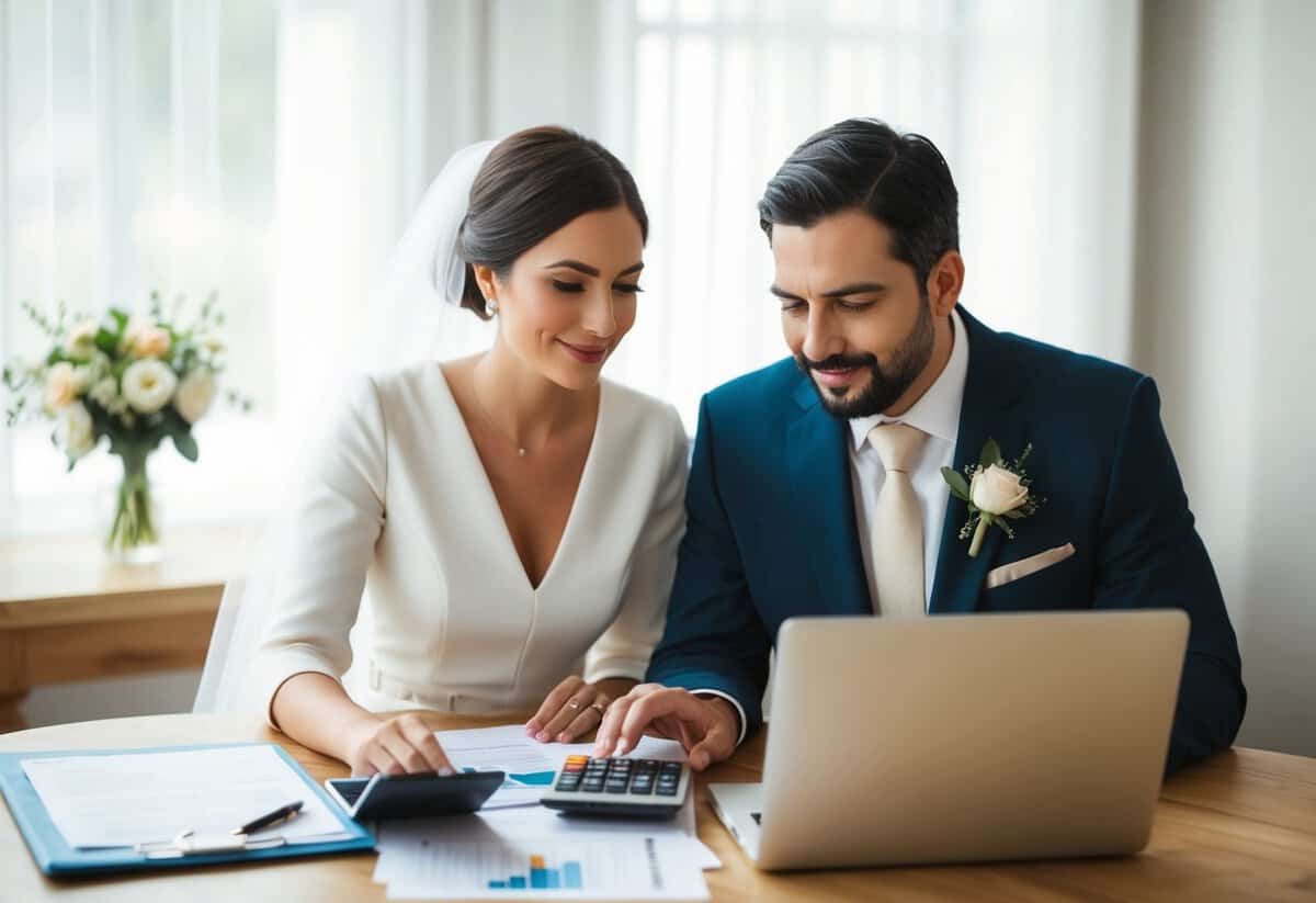 A couple sits at a table with papers, calculators, and a laptop, discussing wedding expenses. They appear to be evaluating the budget and considering financial contributions from the groom's parents