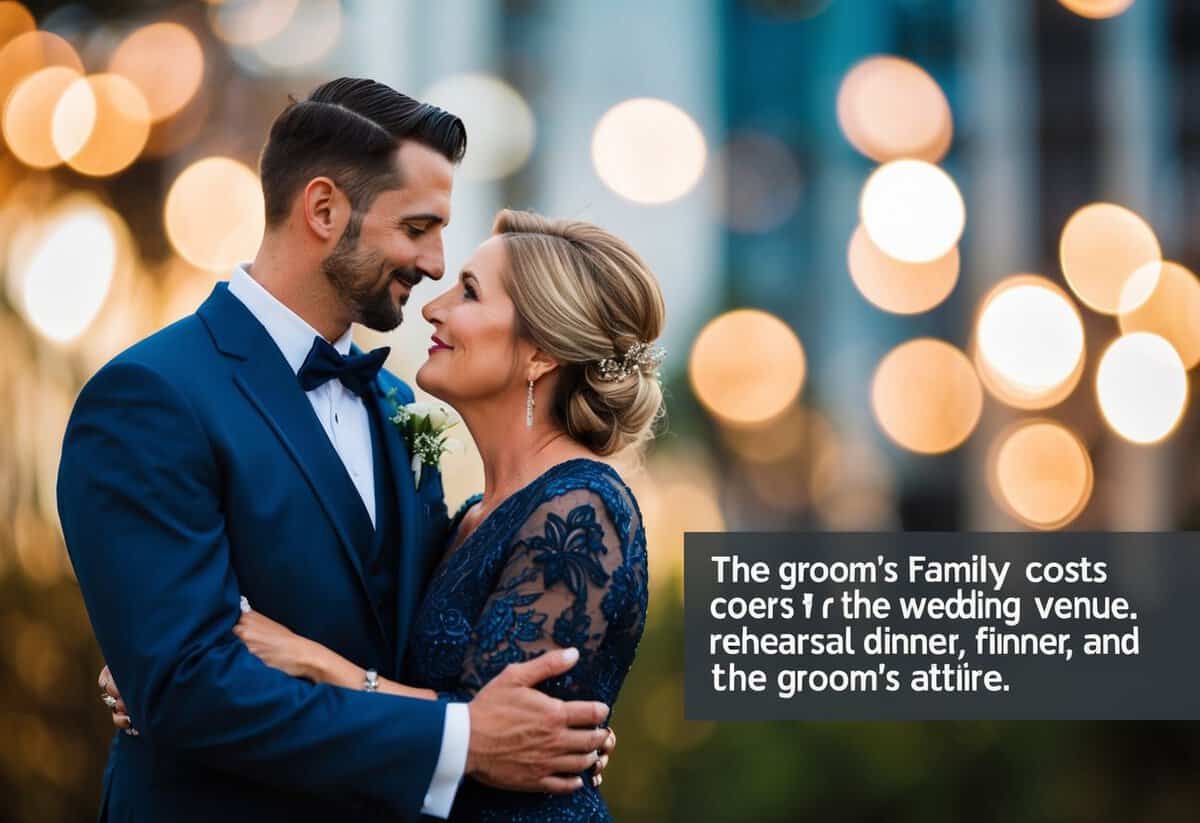 The groom's family covers costs for the wedding venue, rehearsal dinner, and the groom's attire